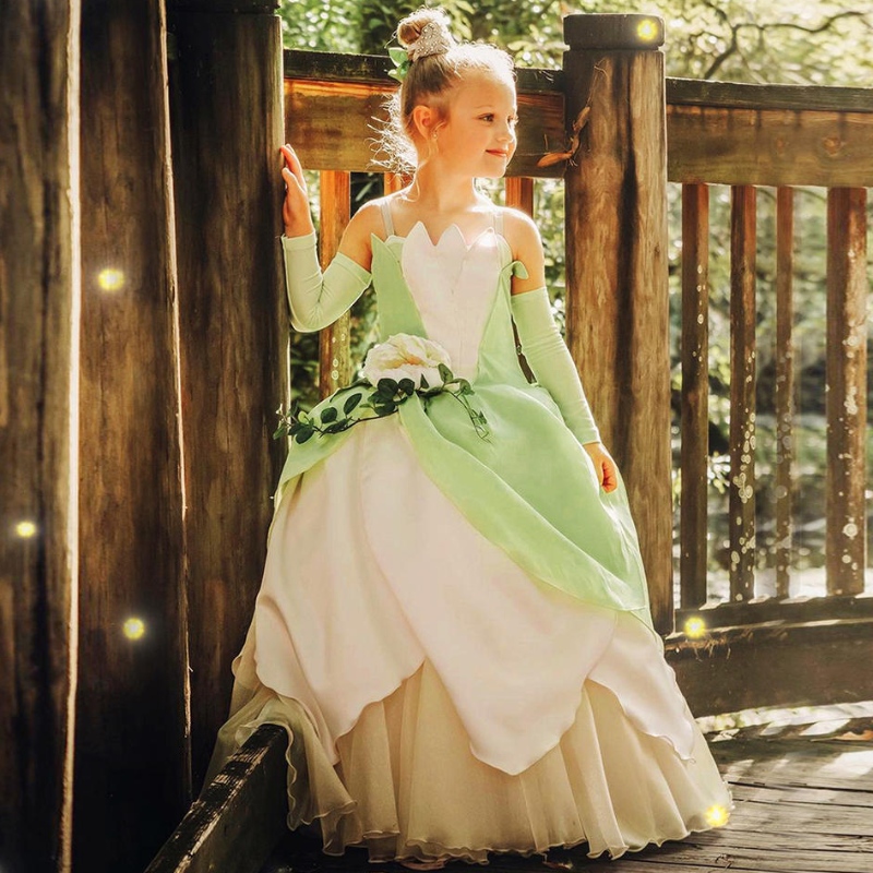 Groda Princess Costume for Kids Girls Tiana Movie Cosplay Carnival Dress Up Princess Role Spelar klänningar