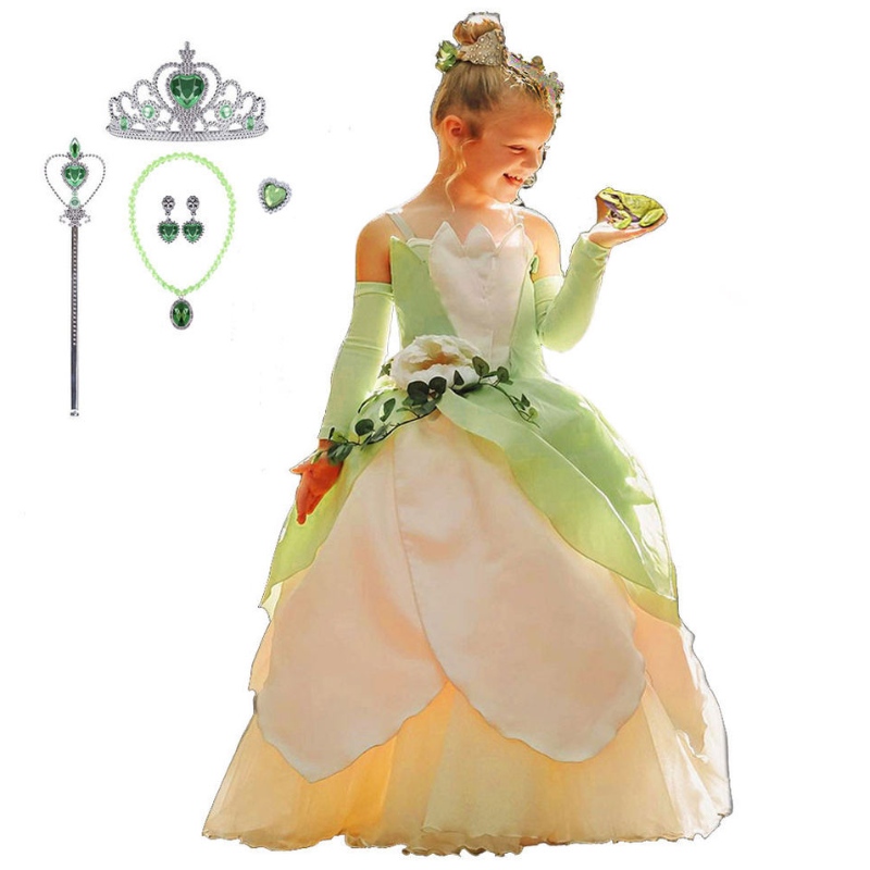 Groda Princess Costume for Kids Girls Tiana Movie Cosplay Carnival Dress Up Princess Role Spelar klänningar