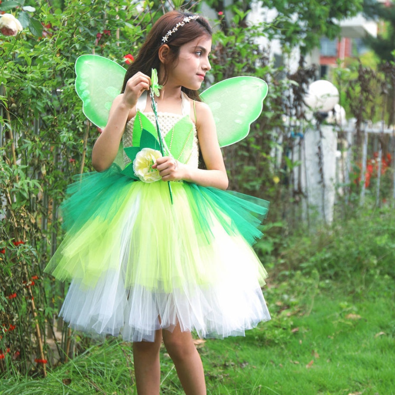 Halloween Cosplay Princess Baby Girls Party Green Flower Fairy Tinker Bell Dress Elf Costume With Butterfly Wings Sets