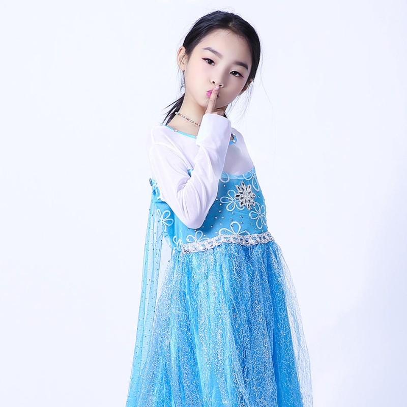 Elsa Queen Dress Girls Long Sleeve Mesh Cloak Löstagbar Elsa Princess Dress