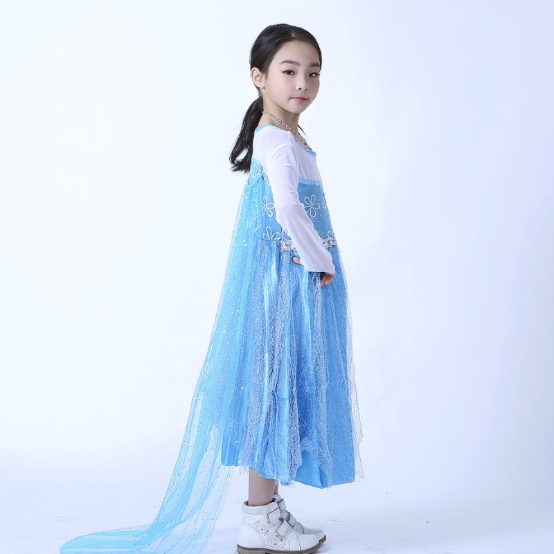 Elsa Queen Dress Girls Long Sleeve Mesh Cloak Löstagbar Elsa Princess Dress