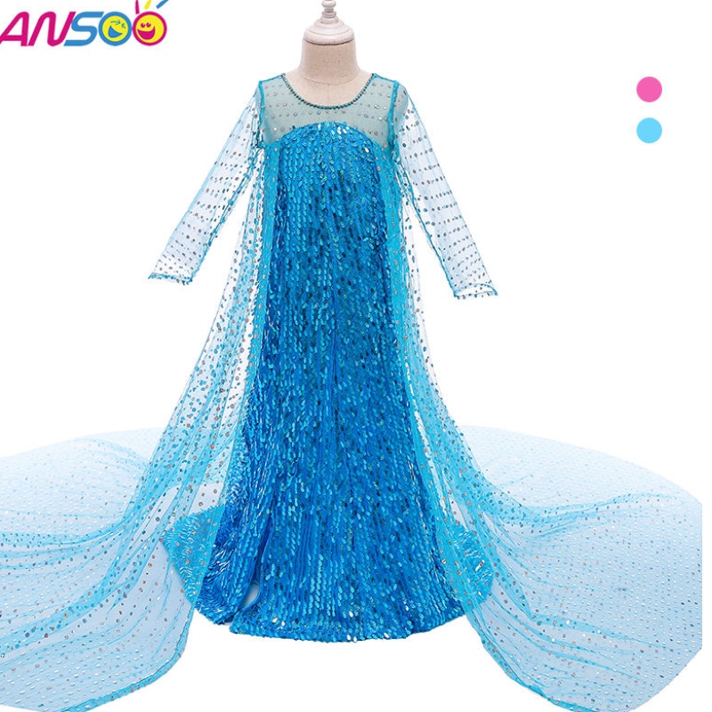 Ansoo toppsäljande trasor Fancy Princess Dress Up Sequined Long Tail 2022 Elsa Anna Dress for Girls