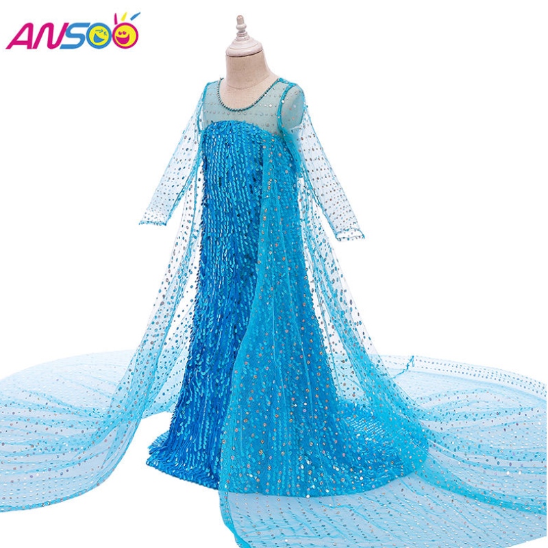 Ansoo toppsäljande trasor Fancy Princess Dress Up Sequined Long Tail 2022 Elsa Anna Dress for Girls