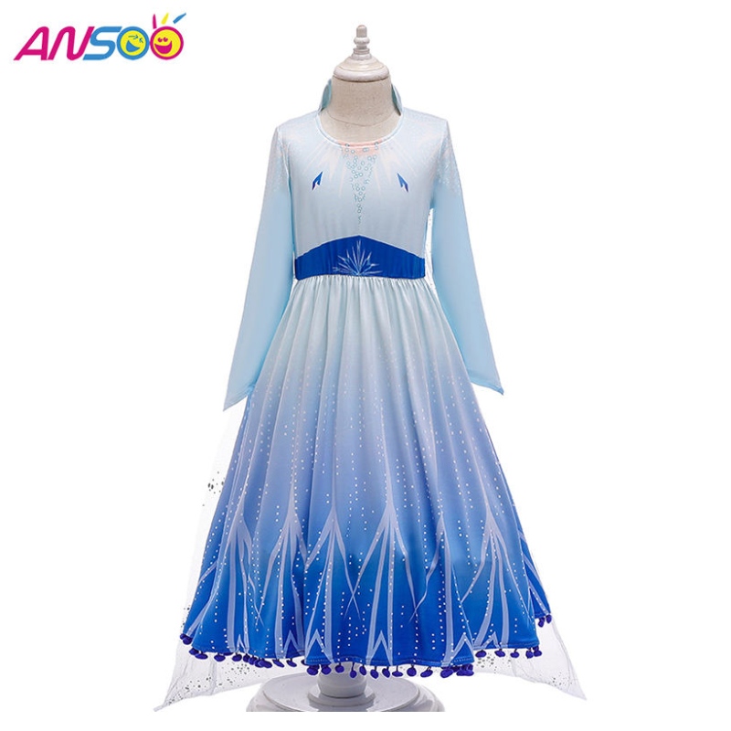 ANSOO HOT SALE ELSA Anna Cosplay Costume 3st en uppsättning tjejfilmprinsessklänning för 2-13 år gamla flickor