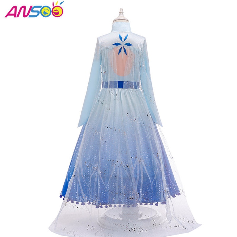 ANSOO HOT SALE ELSA Anna Cosplay Costume 3st en uppsättning tjejfilmprinsessklänning för 2-13 år gamla flickor