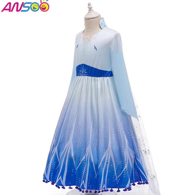 ANSOO HOT SALE ELSA Anna Cosplay Costume 3st en uppsättning tjejfilmprinsessklänning för 2-13 år gamla flickor