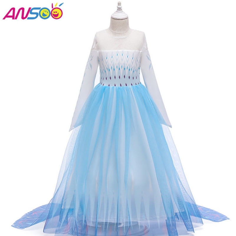 ANSOO Snow Queen 2 Cosplay Girls Dress Summer Casual Mesh Princess Dress Party Performance Costume 4-12 år barn Elsa klänningar