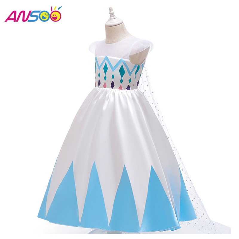 ANSOO Nytt grossistpris Cartoon Elsa White Princess For Girls Dresses Halloween Costumes For Girls