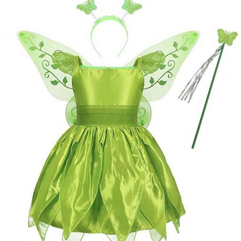 Småbarn Kid Halloween Cosplay födelsedagskläder Set Dancing Butterfly Green Fairy Wing Tinker Bell Dress 2-10T HCTB-001
