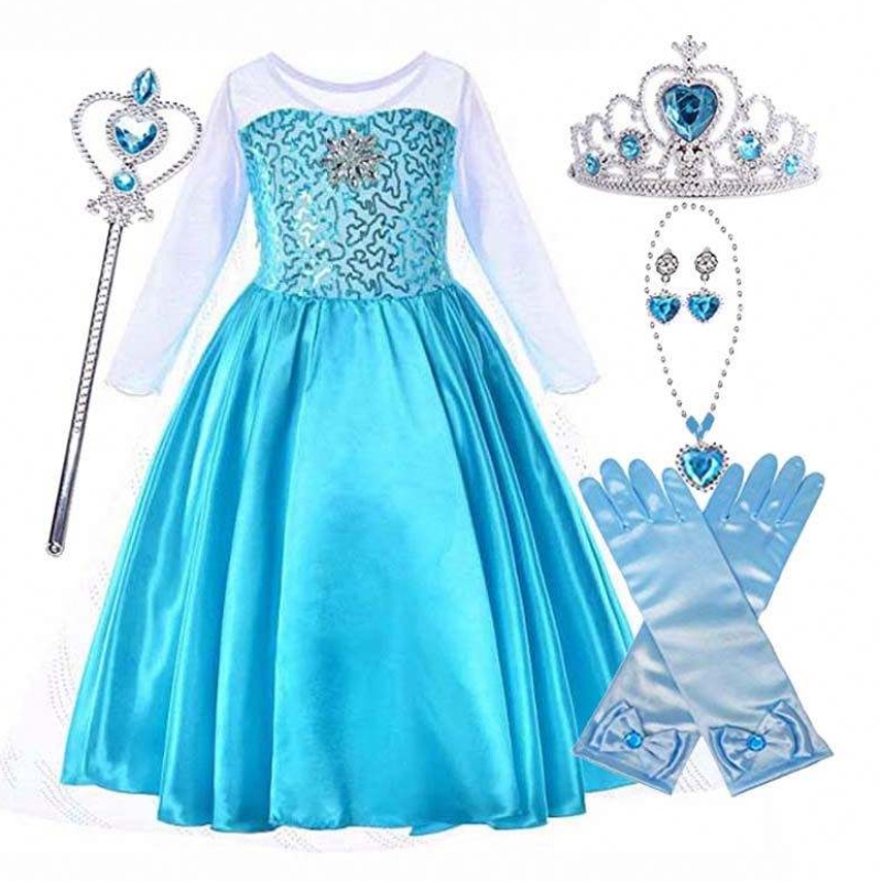 Snow Party Queen Halloween Costume Blue Long Sleeve Snow Queen Sequin Elsa klänning för flickor med tillbehör HCGD-006