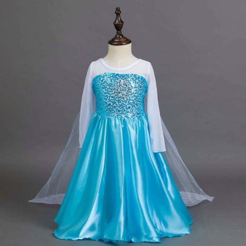 Snow Party Queen Halloween Costume Blue Long Sleeve Snow Queen Sequin Elsa klänning för flickor med tillbehör HCGD-006