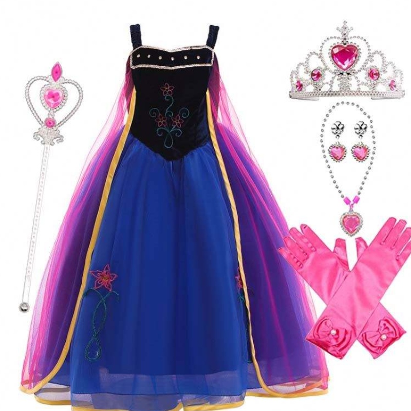 Girl Cosplay Snow Queen Princess Costume Anna Dress Costume With Crown Wand Glove Accessories HCGD-010