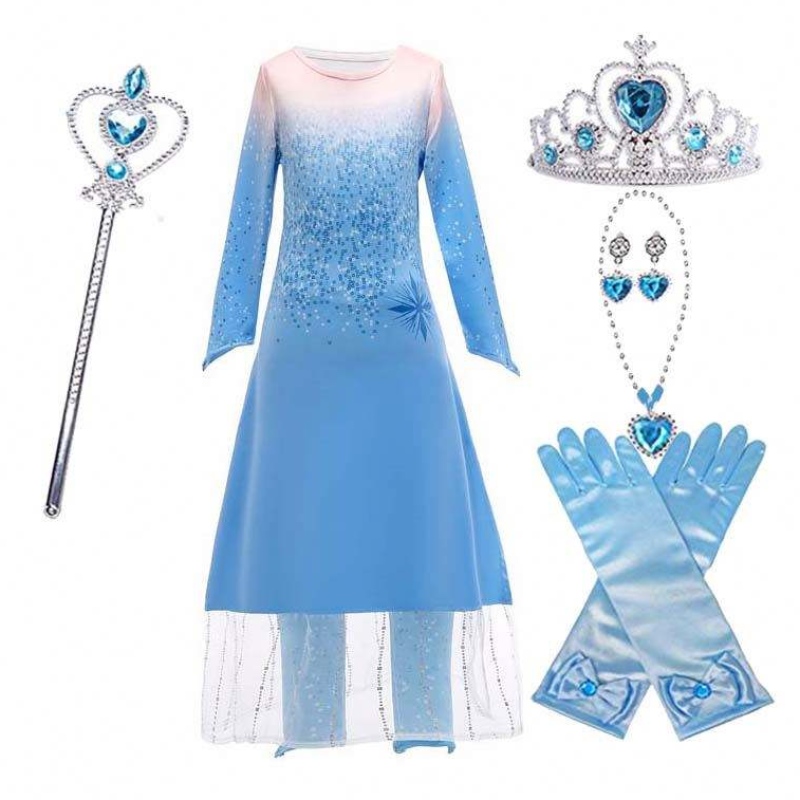 Princess Fancy Little Girls Long Dress Pants 2st ELSA Dress Cosplay med tillbehör HCGD-021