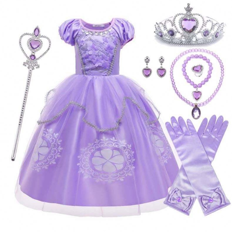 Fancy Party Purple Kids Puff Sleeve Princess Sofia Halloween kostym med tillbehör HCRS-005