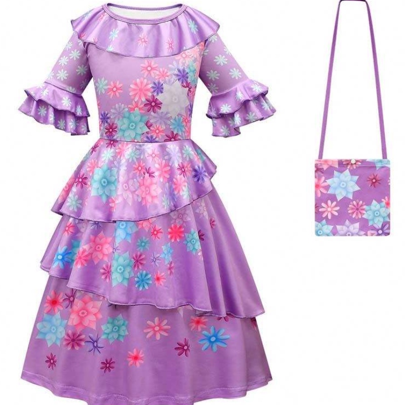 Ny produkt 2022 Kids Girls Mirabel Madrigal Cosplay Outfit Dress Up Encanto Isabela Dress with Bag Wig HCIS-006