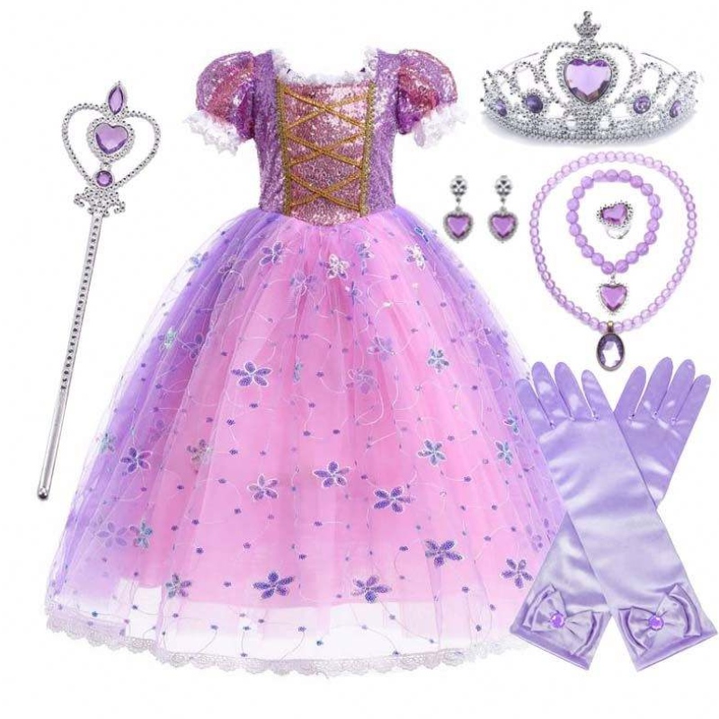 Girls Princess Costume Rapunzel Puff Sleeve Sequin Cosplay Dress Purple With Accessories HCRS-007