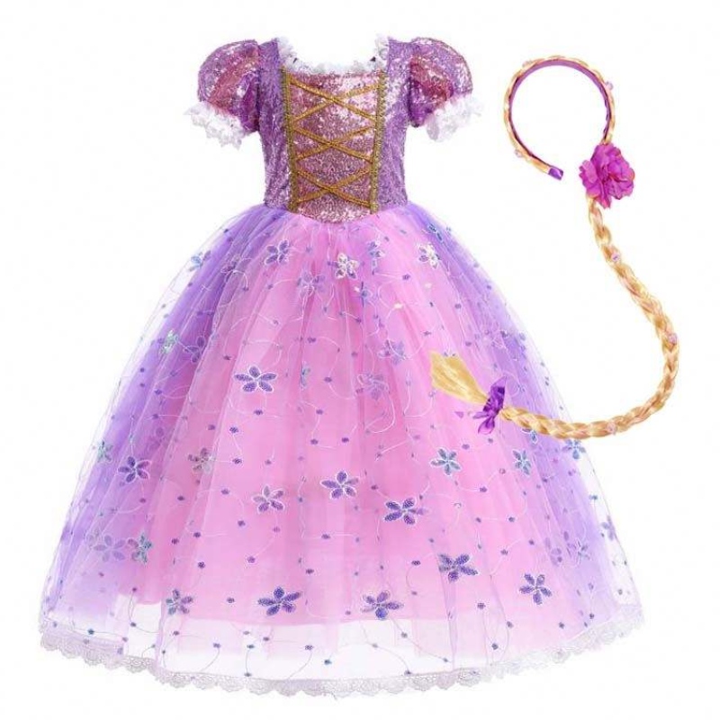 Girls Princess Costume Rapunzel Puff Sleeve Sequin Cosplay Dress Purple With Accessories HCRS-007