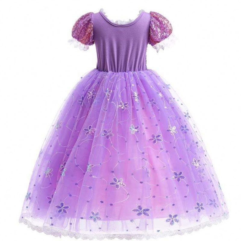 Girls Princess Costume Rapunzel Puff Sleeve Sequin Cosplay Dress Purple With Accessories HCRS-007