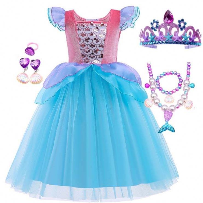 2022 Toppförsäljning Halloween Child Princess-paljetter Ariel Blue Dress Costume HCMM-012