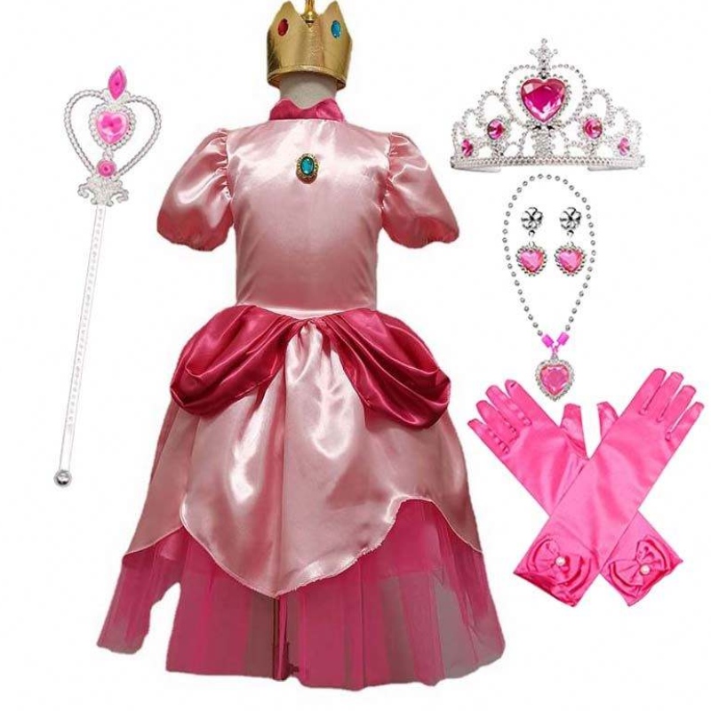 Carnival Cosplay Baby Girls Party Christmas Super Brother Cartoon Pink Princess Peach kostym med Crown HCMU-006