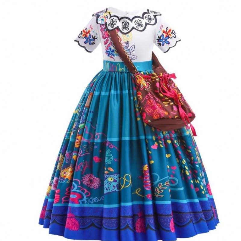 2022 Hot Sale Girls Encanto Movie Dress Up Mirabel Costume Baby Barn Summer Long Dress With Bag