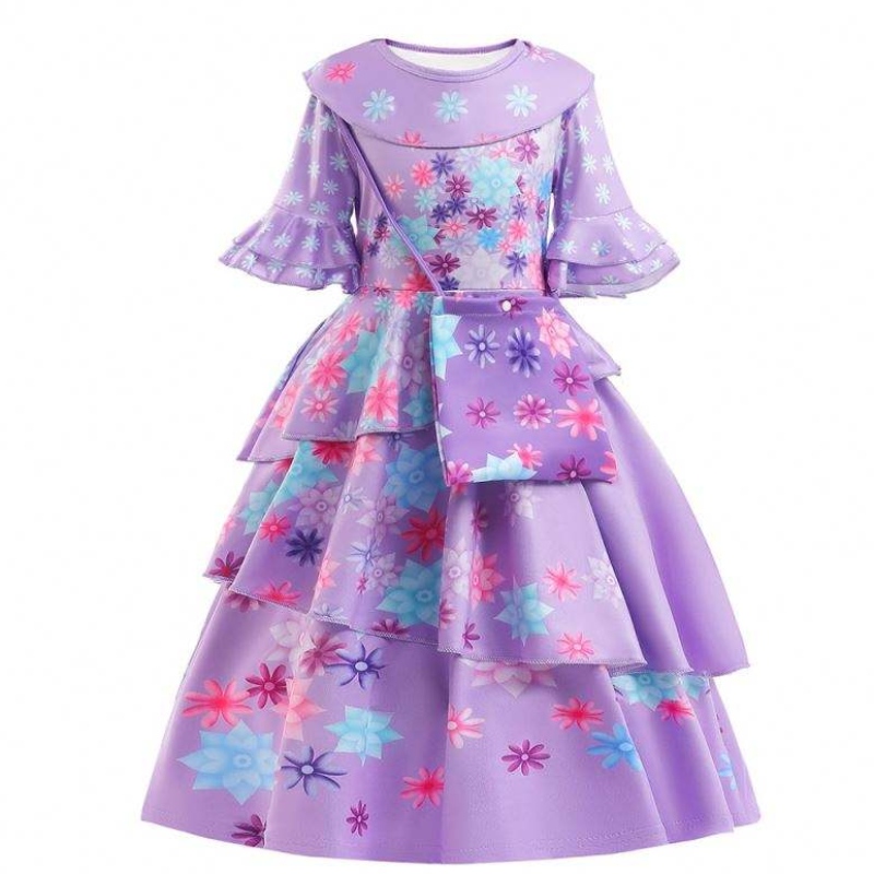 2022 Nya Fashion Kids Encanto Costume Isabella Cosplay Flower Printed Daily Wear Dress for Girl With Bag