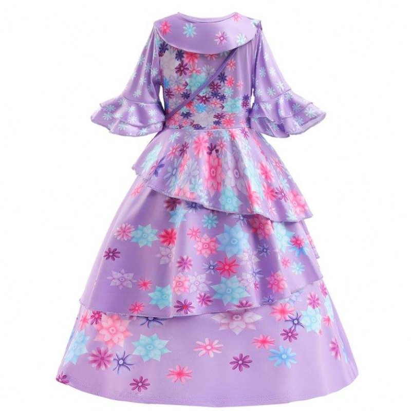 2022 Nya Fashion Kids Encanto Costume Isabella Cosplay Flower Printed Daily Wear Dress for Girl With Bag