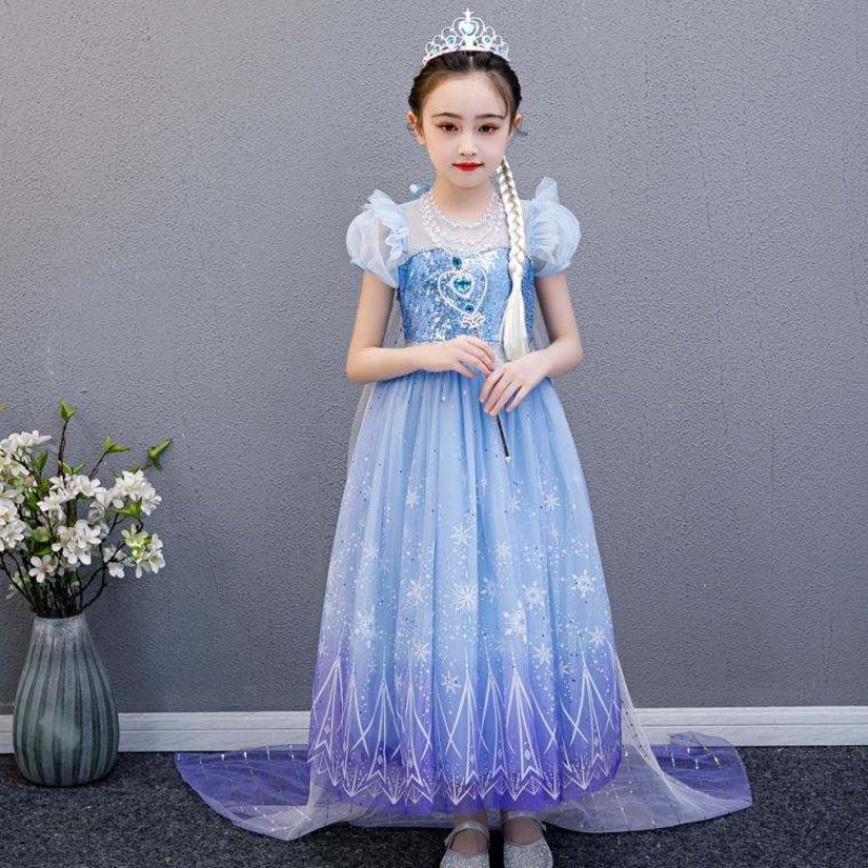 Baige 2021 New Blue Elsa Anna Girl Party Dress Cosplay klär upp prinsessan med handgjord halsband och Long Cape