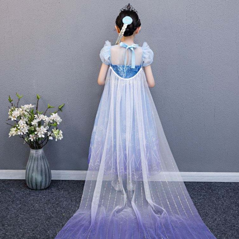 Baige 2021 New Blue Elsa Anna Girl Party Dress Cosplay klär upp prinsessan med handgjord halsband och Long Cape