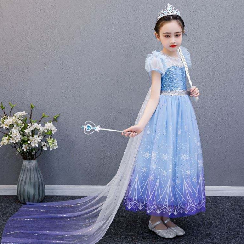 Baige 2021 New Blue Elsa Anna Girl Party Dress Cosplay klär upp prinsessan med handgjord halsband och Long Cape