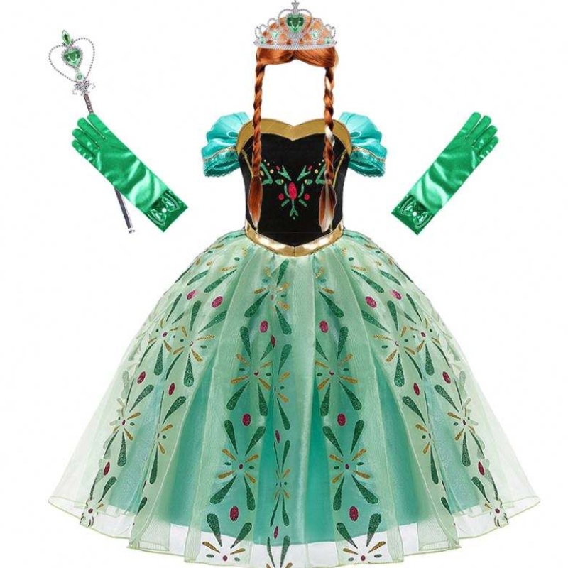 Anna klänning för tjej cosplay snö drottning prinsessan kostym barn halloween kläder barn födelsedag karneval fancy klänning och peruk