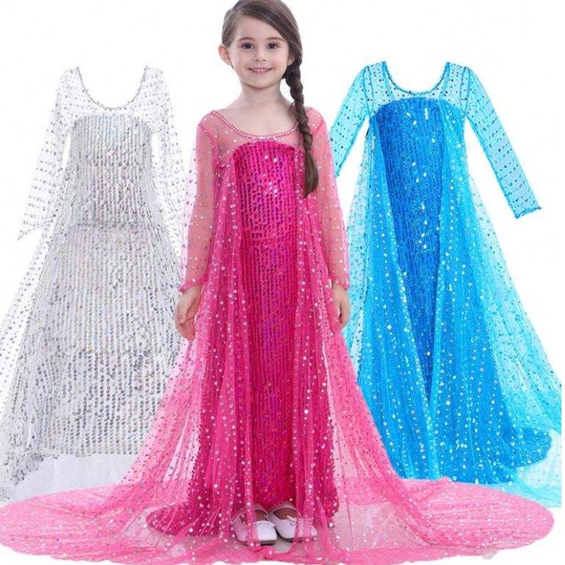 Elsa Dress Kids Girls Costume Snow Queen 2 Elsa Blue Pink Sequined Long Sleeve Dress TV&Movie Costumes For Girls
