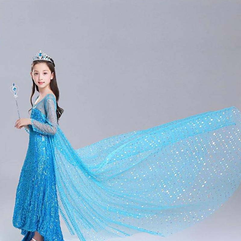 Elsa Dress Kids Girls Costume Snow Queen 2 Elsa Blue Pink Sequined Long Sleeve Dress TV&Movie Costumes For Girls