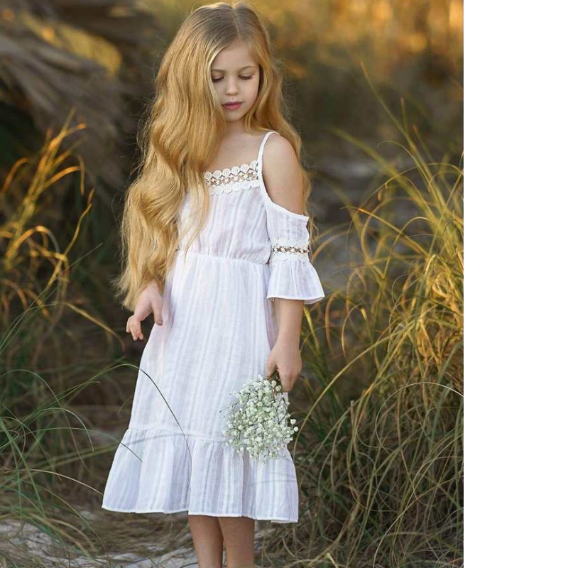 Barn sommaren utanför axeln flickor klär vit rosa ruffle strandklänningar barn prinsessa brudtärna bröllopstävling för blommor gir