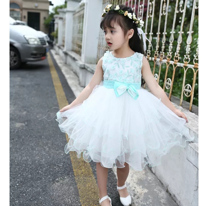 Vit 3D Flower Lace Dress Age för 3 - 9 år Little Girls Christmas Dress New Autumn Winter Kids Evening Glows Girls Frocks