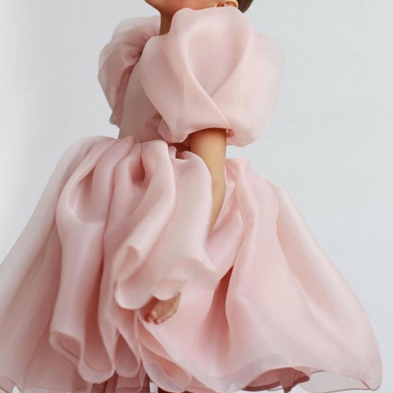 Fashion Girl Princess Vintage Dress Tulle Child Vestido Puff Sleeve Pink Wedding Party Birthday Tutu Child Ball Gown Dress