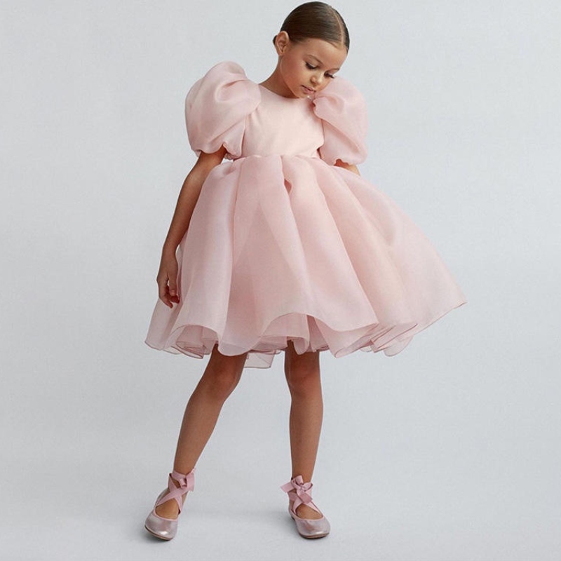 Fashion Girl Princess Vintage Dress Tulle Child Vestido Puff Sleeve Pink Wedding Party Birthday Tutu Child Ball Gown Dress