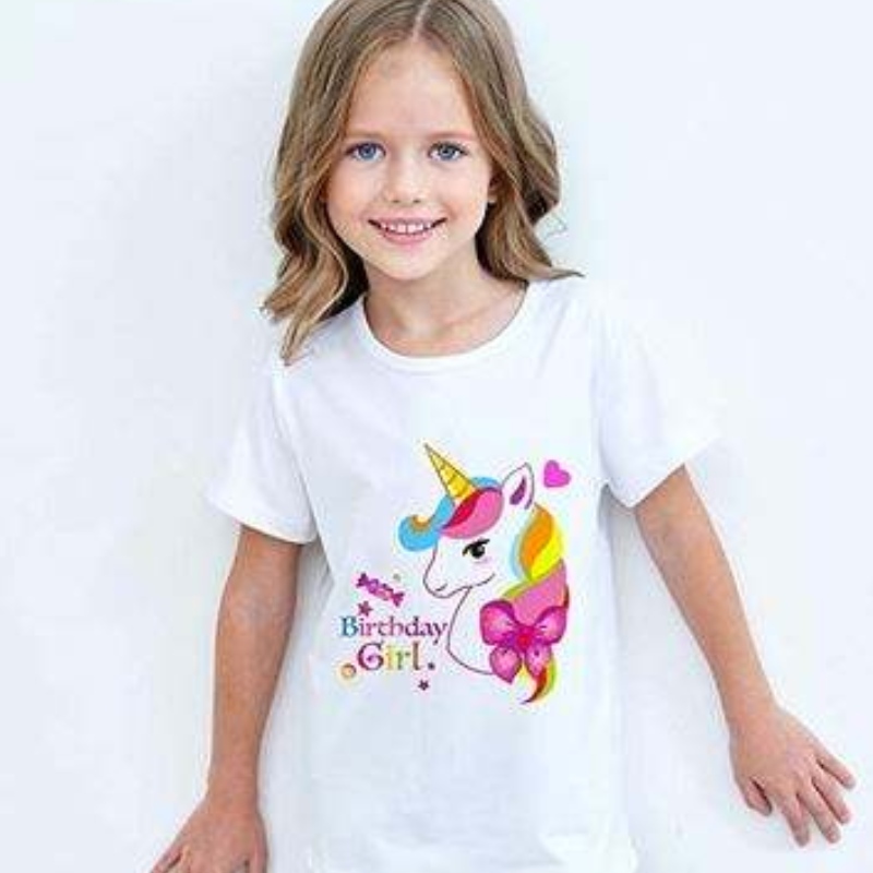 Baige Girl Summer Short-Sleeved Cute Unicorn Printed Cotton T-Shirt Rainbow Tutu Performance Kirt