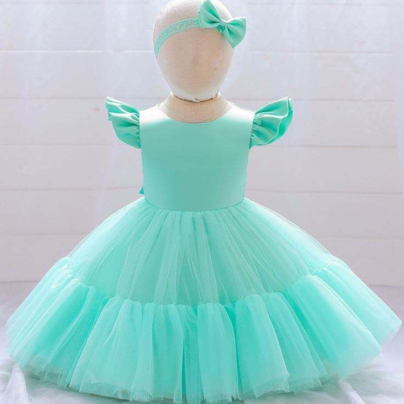 Baige Mesh Satin Princess Girls Birthday Dresses Lovely Girl Party Baby Girls Dress Designs för dop med pannband