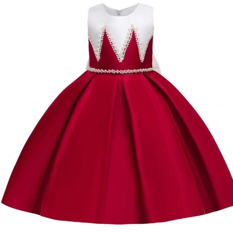 Baige Satin Material Big Bow Knot Red Color Kids Bridesmaid Dresses Födelsedagsklänningar för flickor