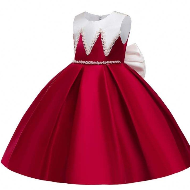 Baige Satin Material Big Bow Knot Red Color Kids Bridesmaid Dresses Födelsedagsklänningar för flickor