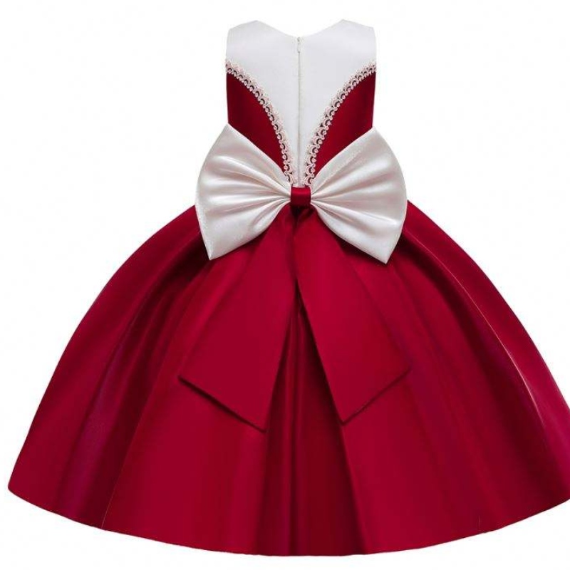 Baige Satin Material Big Bow Knot Red Color Kids Bridesmaid Dresses Födelsedagsklänningar för flickor