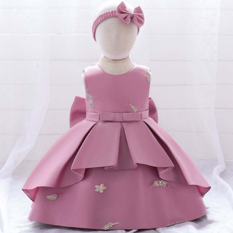 Baige baby frock design 1 år födelsedagsklänning flicka prinsessan blomma klänningar med gratis pannband