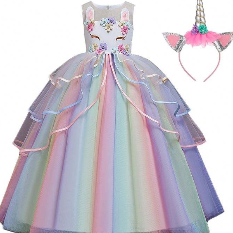 Baige Hot Sale Rainbow Unicorn Party Dresses Children Flower Dress med pannband