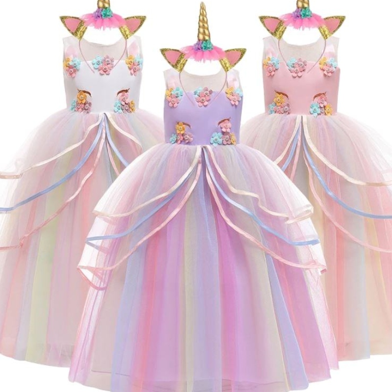 Baige Hot Sale Rainbow Unicorn Party Dresses Children Flower Dress med pannband