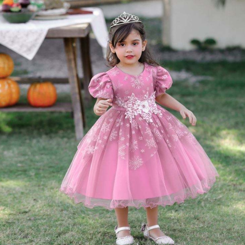 Baige Appliced ​​Short Sleeve New Design Baby Girls Dress Party Dress for Kids Girls