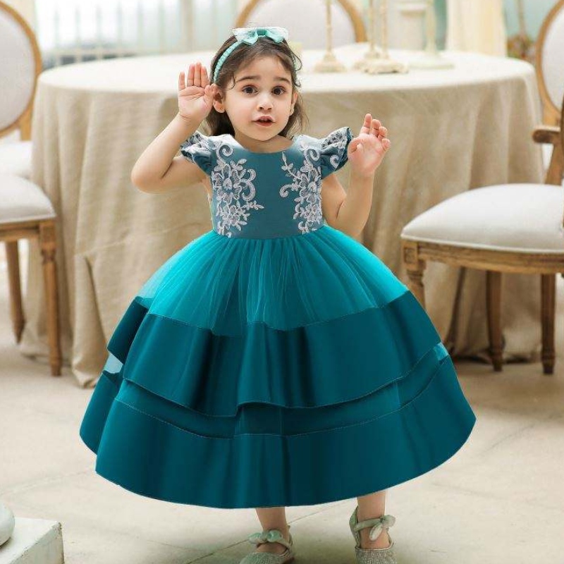 Baige Fashion Flower midja barnkläder Party Wear Floral Printed Children Girl Boutique Dress for Girl 0-2 år