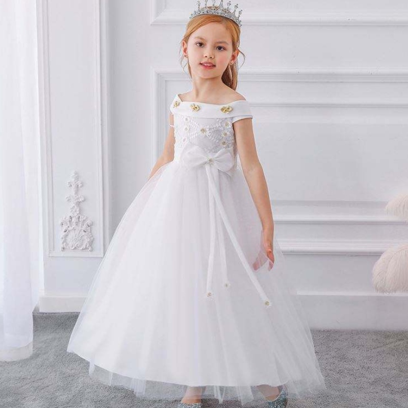 Barn Flower Girls Party Wear Frocks födelsedagsklänning för tjej baby maxi bollklänningar barn ärmlösa båge långa klänningar lp-232