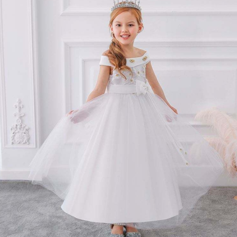 Barn Flower Girls Party Wear Frocks födelsedagsklänning för tjej baby maxi bollklänningar barn ärmlösa båge långa klänningar lp-232