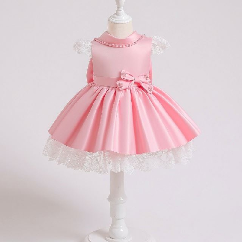 Baige Elegant Kids Satin Party Dress Baby Frock Design för 3-10 år gamla barn Summerkläder XZ003